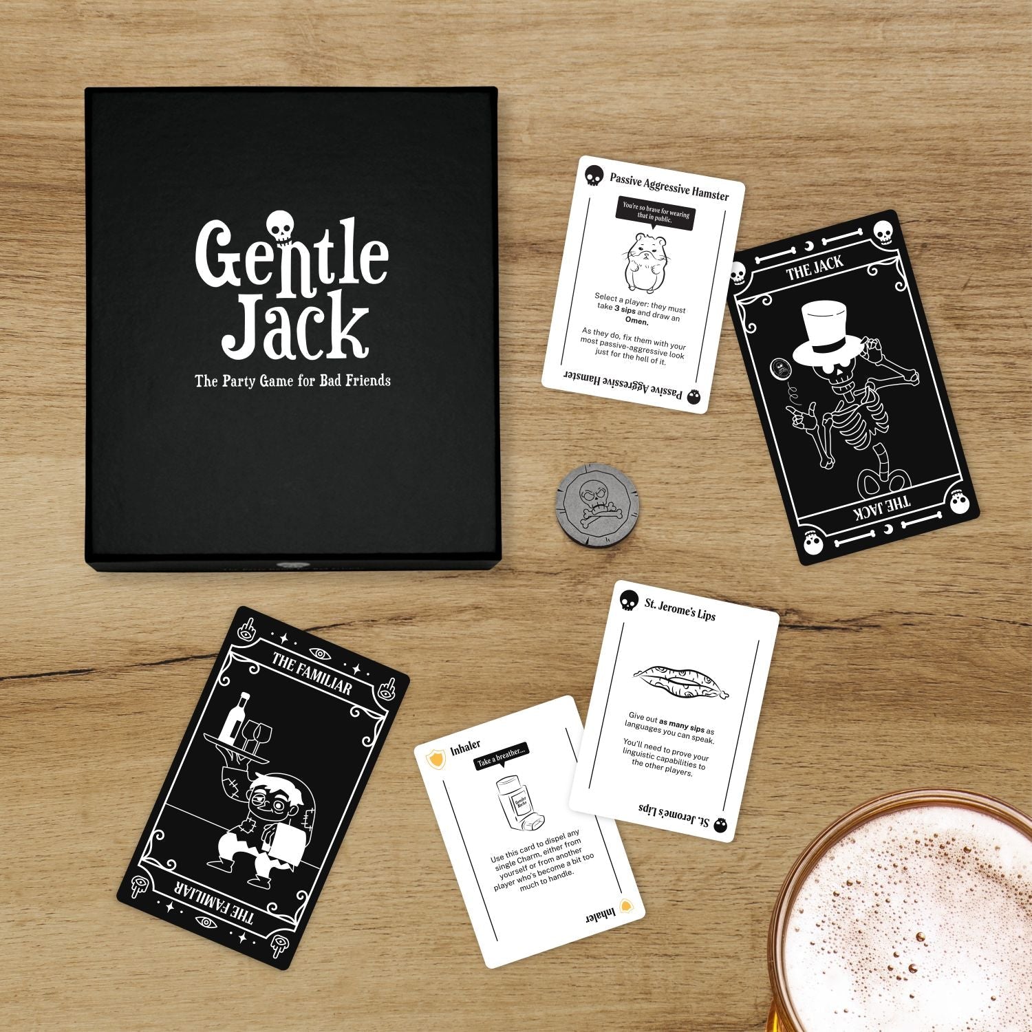 Gentle Jack drinking card game component overview